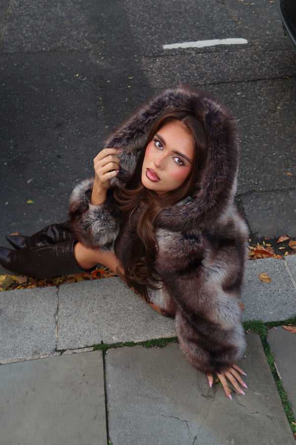 Chocolate Faux Fur Mink Effect Hooded Jacket in Chocolate / S - HL London