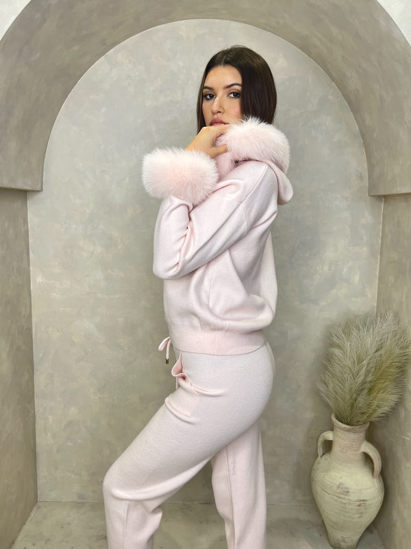Baby Pink Luxury Fur Trim Hood & Cuff Jogger Tracksuit