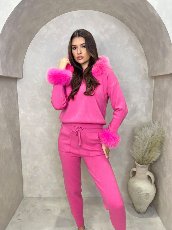 Hot Pink Luxury Fur Trim Hood & Cuff Jogger Tracksuit