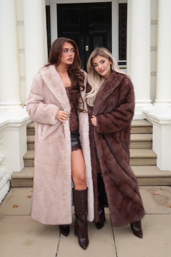 Chocolate Faux Fur Mink Effect Long Coat in Chocolate / S - HL London