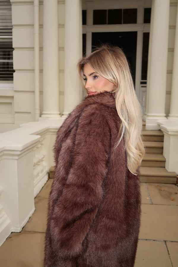 Chocolate Faux Fur Mink Effect Long Coat in Chocolate / S - HL London