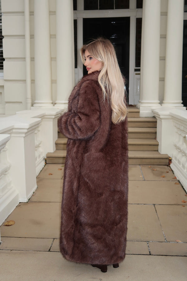 Chocolate Faux Fur Mink Effect Long Coat in Chocolate / S - HL London
