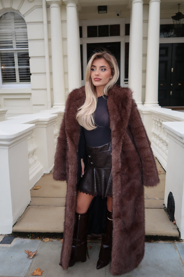 Chocolate Faux Fur Mink Effect Long Coat in Chocolate / S - HL London