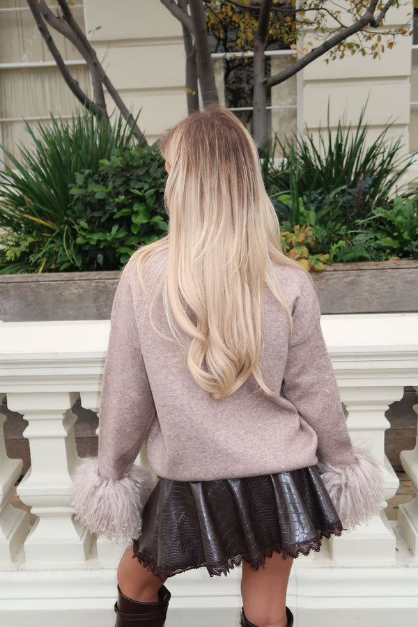 Taupe Mongolian Fur Cuff Roll Neck Jumper - HL London