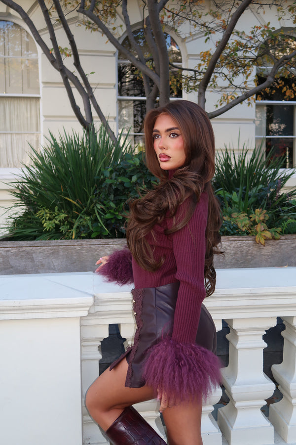 Burgundy Mongolian Fur Cuff Ribbed Knit Jumper - HL London