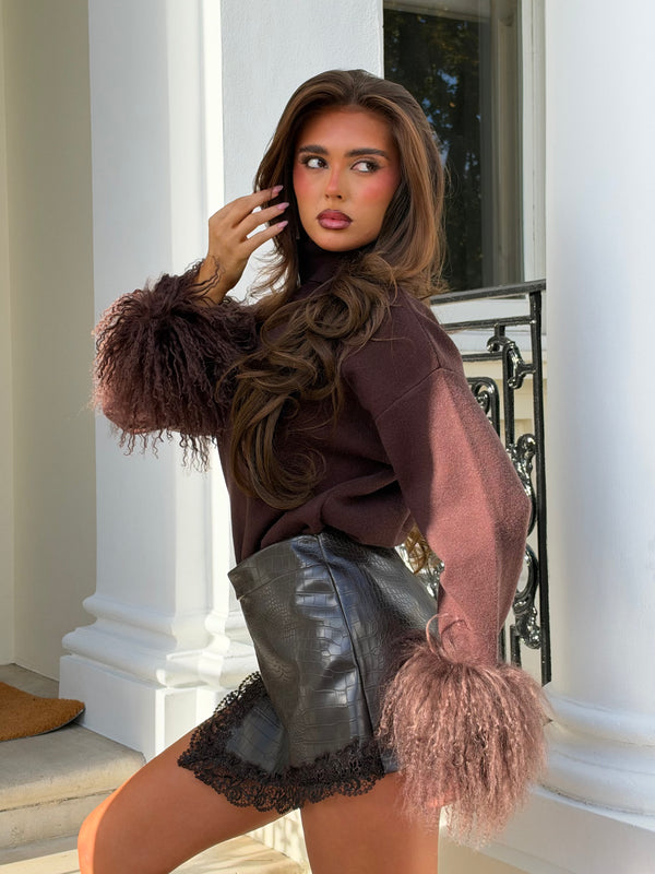 Chocolate Mongolian Fur Cuff Roll Neck Jumper - HL London
