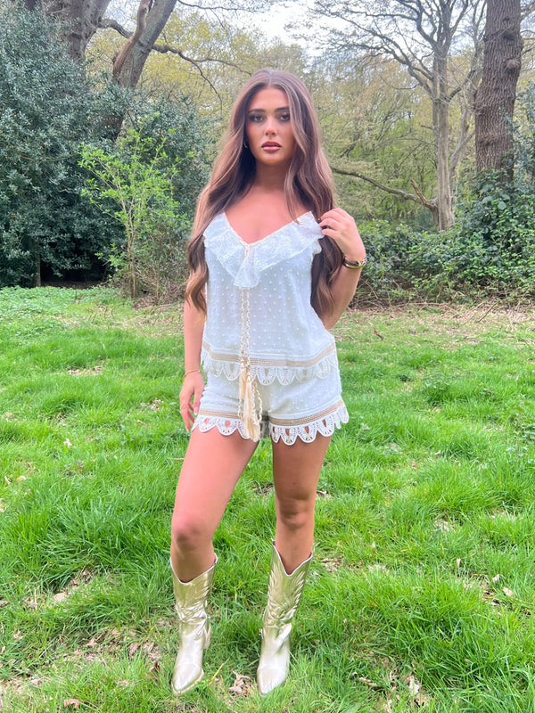 White Boho Scallop Hem Shorts