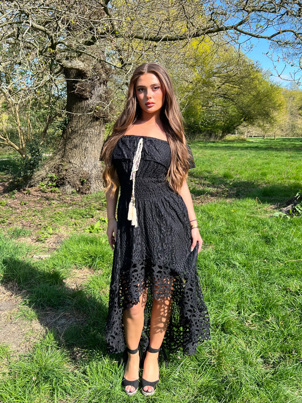 Women's Boho Lace Bardot Dress - Black S/M | HL London Women's Boho Lace Bardot Dress - Black S/M | HL London