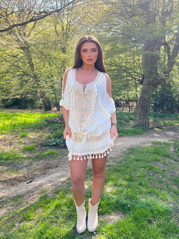 White Boho Embellished Skirt