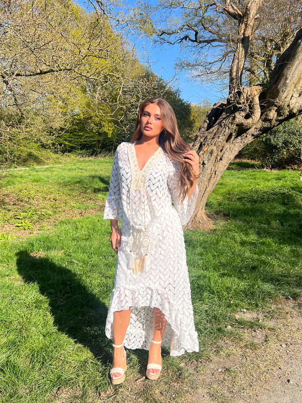 White Boho Tie Front Embellished Top