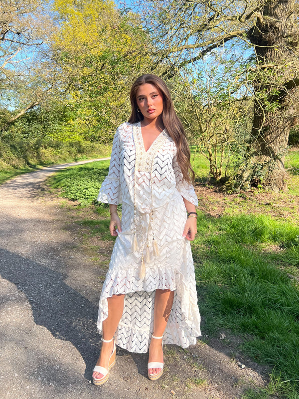 Boho Tie Front Embellished Top in White / S/M - HL London