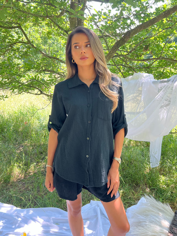 Sorrento Black Rolled Sleeved Collared Shirt
