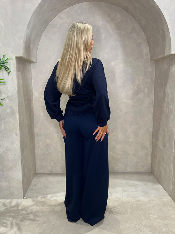 Navy High Neck Drawstring Waist & Wide Leg Trousers Co Ord