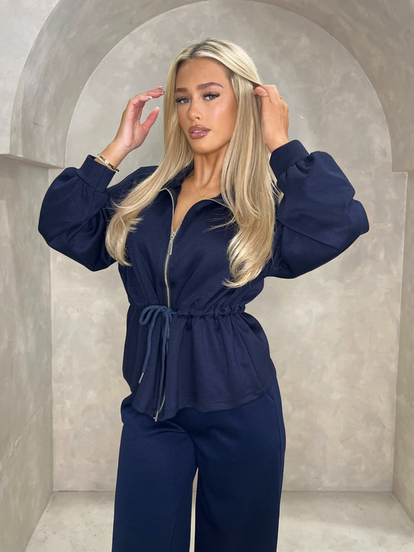 Navy High Neck Drawstring Waist & Wide Leg Trousers Co Ord