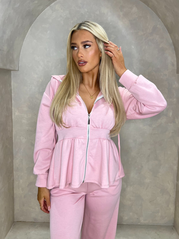 Baby Pink Hooded Drawstring Waist Jacket & Wide Leg Trousers Co Ord