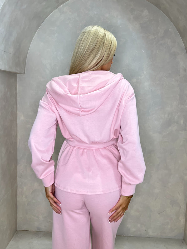 Baby Pink Hooded Drawstring Waist Jacket & Wide Leg Trousers Co Ord