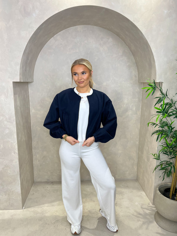 Collarless Zip Up Bomber Jacket