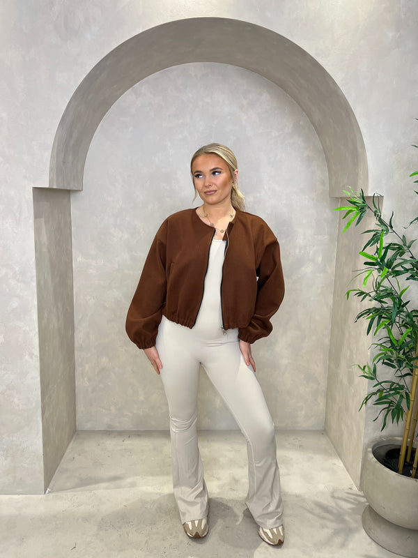 Collarless Zip Up Bomber Jacket