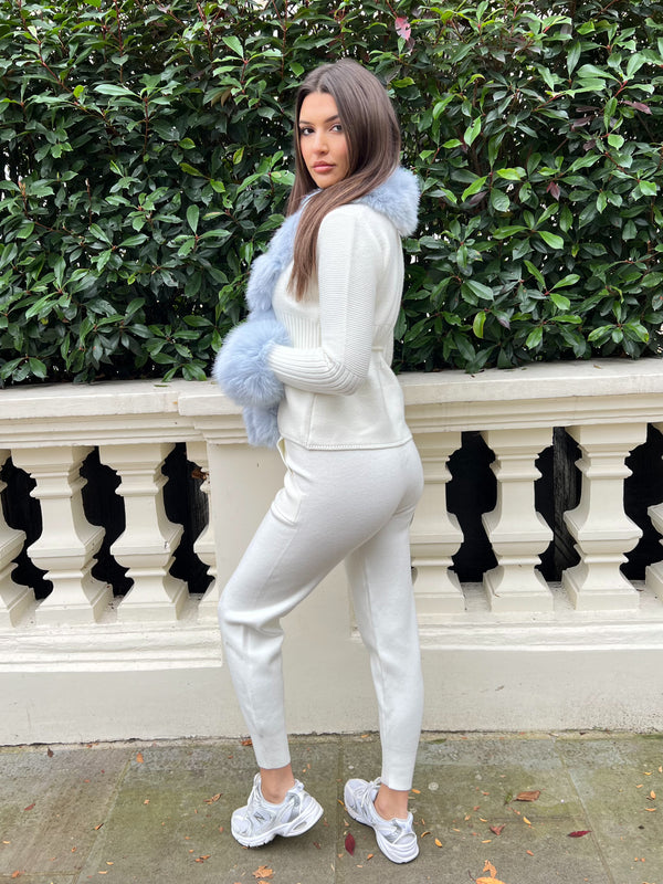 Cream And Baby Blue Premium Faux Fur Trimmed Cardigan