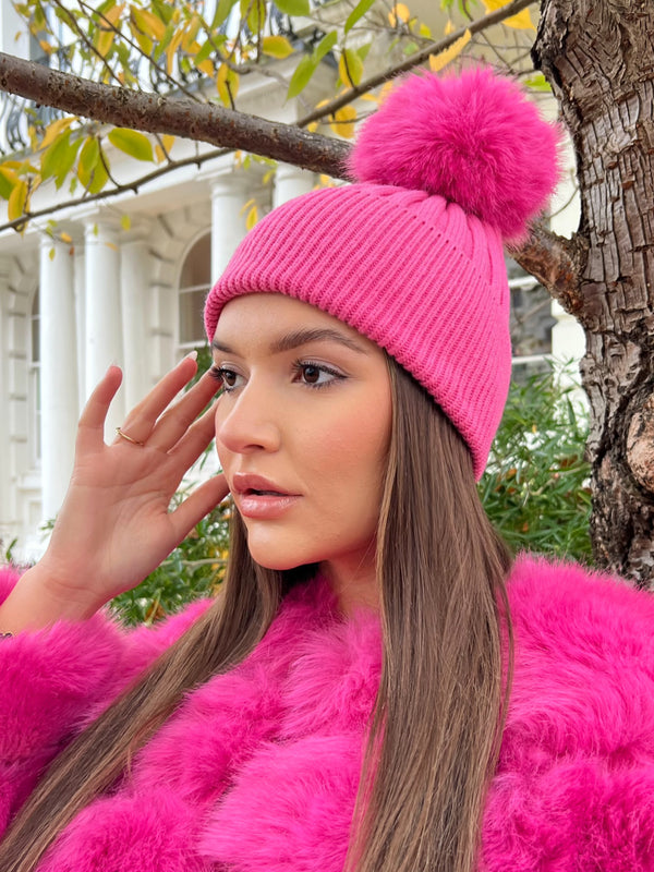 Hot Pink Premium Faux Fur Bobble Hat