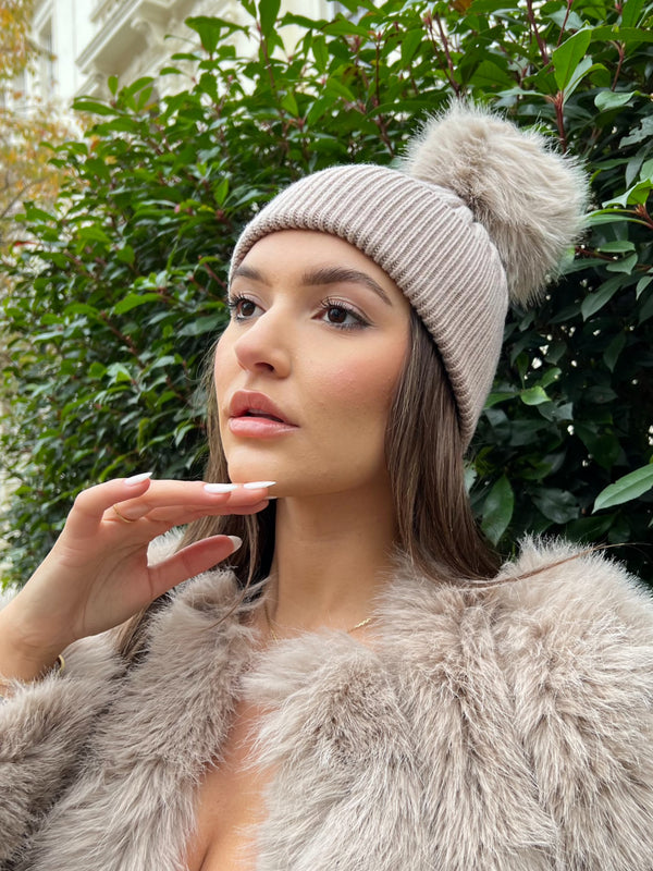Beige Premium Faux Fur Bobble Hat