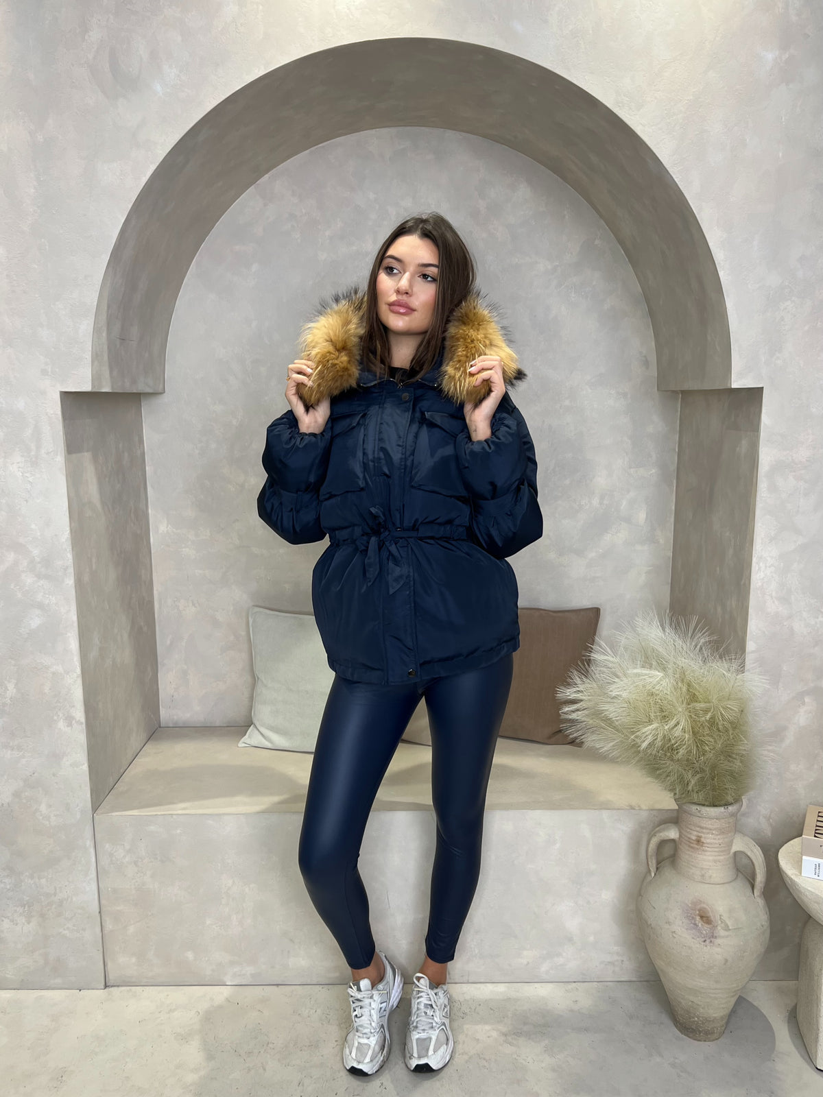 Navy Natural Drawstring Luxury Fur Padded Belted Coat