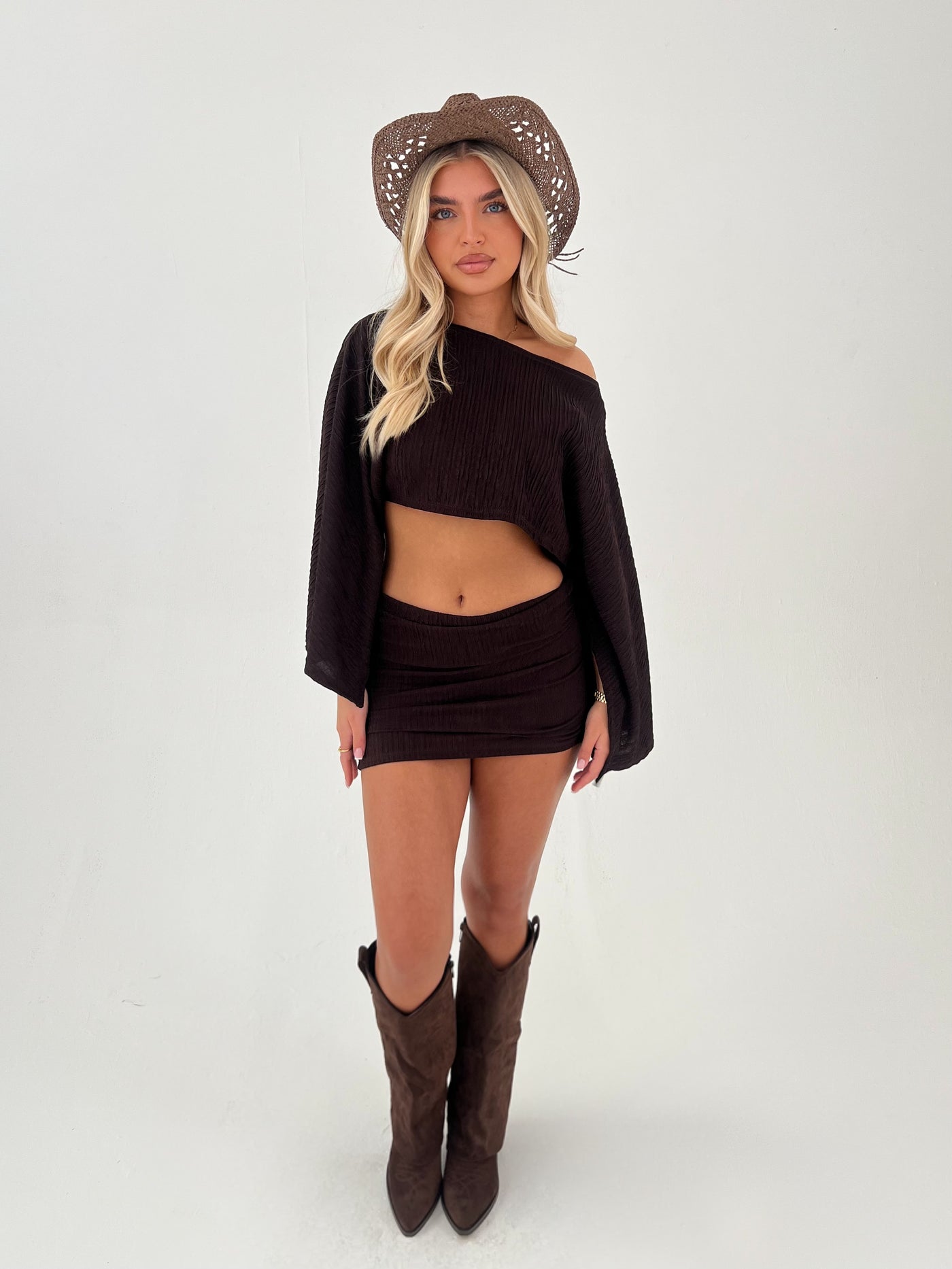 CHELSEY | Chocolate Asymmetrical Cape Top & Sarong Style Skirt