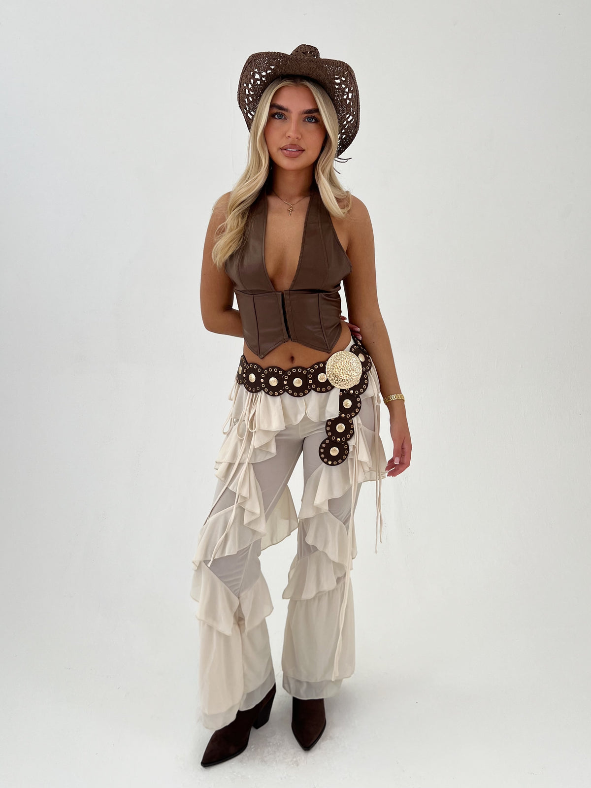 DOLLY | Beige Tiered Ruffled Trousers
