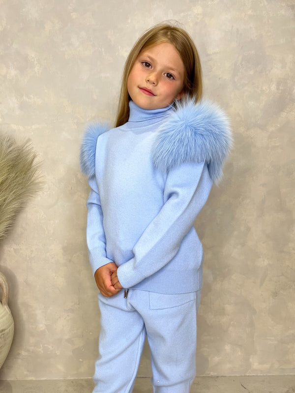 Childrens Baby Blue Luxury Fur Roll Neck Jogger Tracksuit