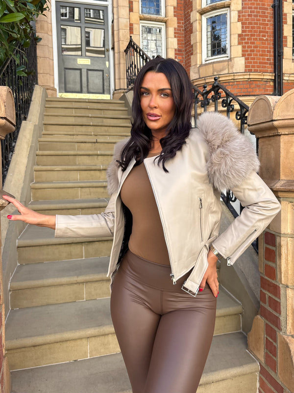 Beige Collarless Luxury Fur Biker Jacket