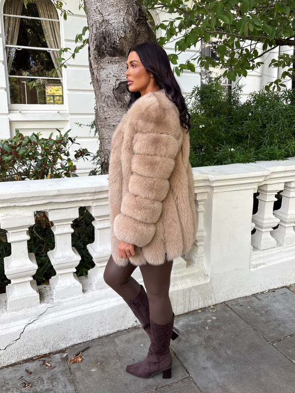 Tan Luxury Fur Mid Length Coat