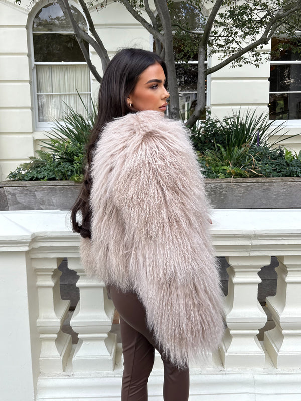 Beige Luxury Mongolian Lamb Fur Coat