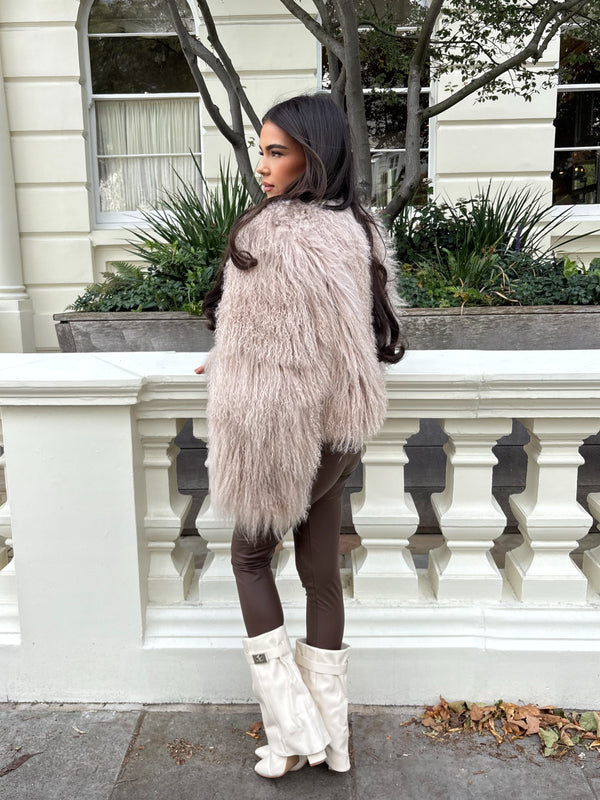 Beige Luxury Mongolian Lamb Fur Coat