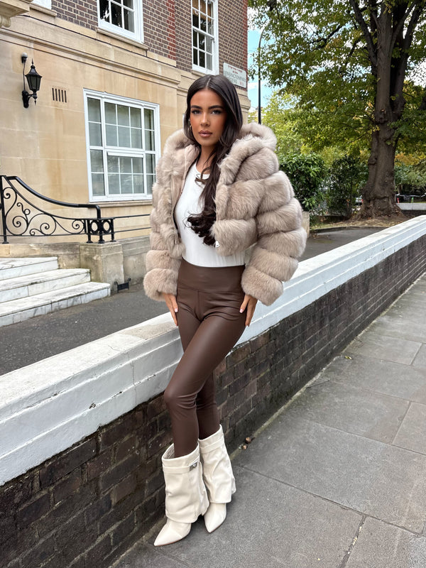 Dark Beige Luxury Fur Hooded Jacket