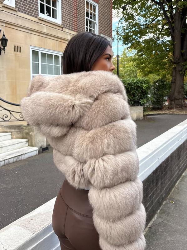 Dark Beige Luxury Fur Hooded Jacket