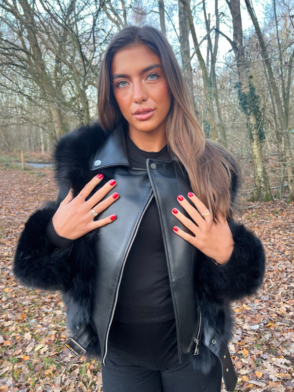 Black Luxury Fur Biker Style Jacket