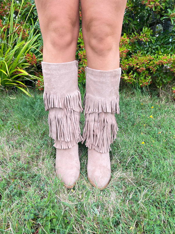 Dark Beige Fringe Faux Suede Cowboy Boots