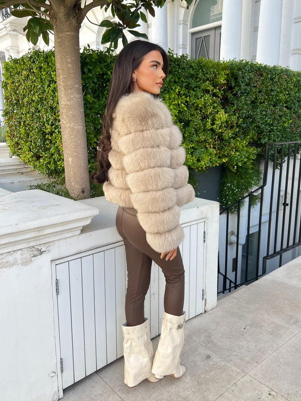 Dark Beige Luxury Fur 5 Row Long Sleeve Jacket