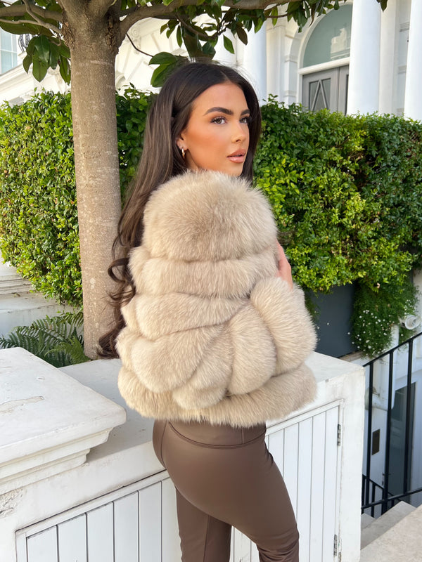 Dark Beige Luxury Fur 5 Row Long Sleeve Jacket