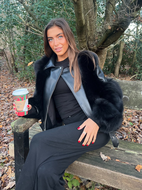 Black Luxury Fur Biker Style Jacket