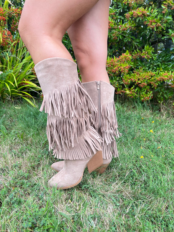 Dark Beige Fringe Faux Suede Cowboy Boots