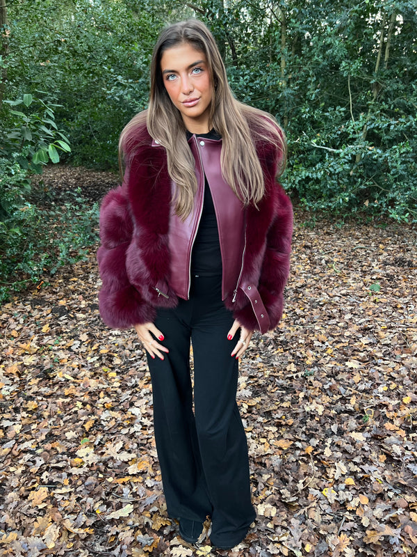 Burgundy Luxury Fur Biker Style Jacket
