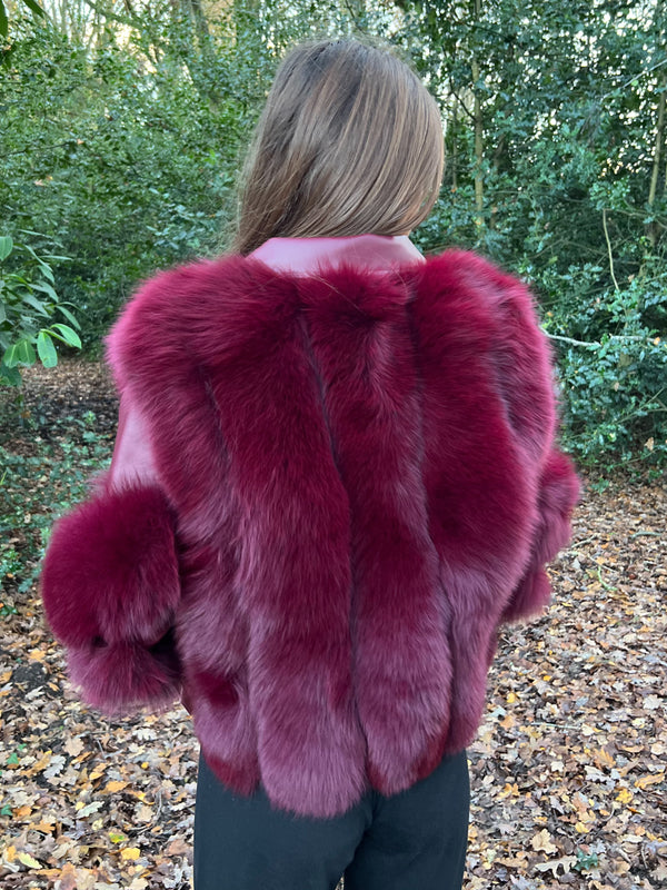Burgundy Luxury Fur Biker Style Jacket