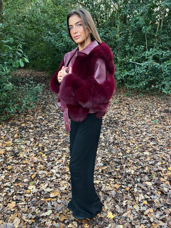 Burgundy Luxury Fur Biker Style Jacket