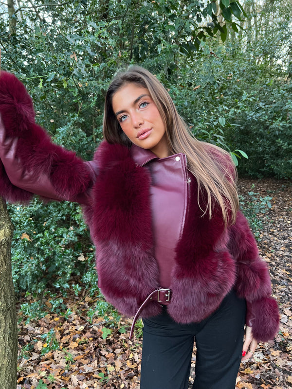 Burgundy Luxury Fur Biker Style Jacket