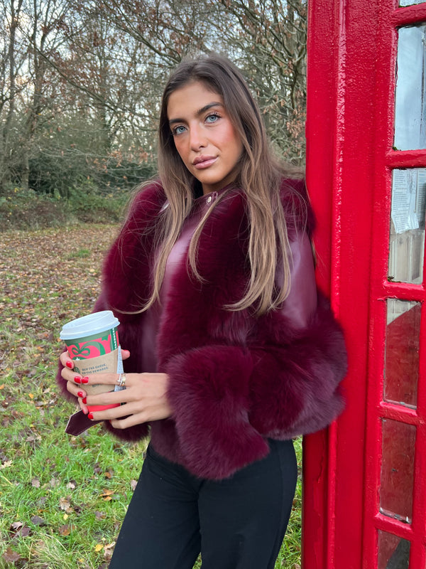 Burgundy Luxury Fur Biker Style Jacket