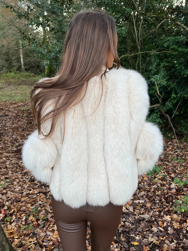 Beige Luxury Fur Biker Style Jacket
