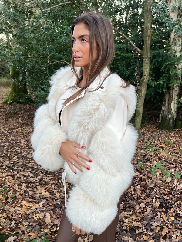 Beige Luxury Fur Biker Style Jacket