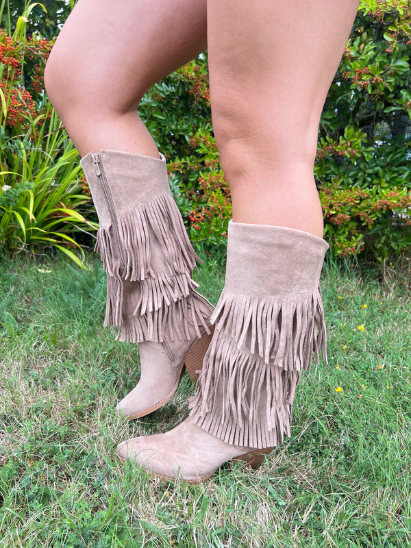 Dark Beige Fringe Faux Suede Cowboy Boots