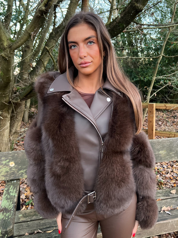 Chocolate Luxury Fur Biker Style Jacket
